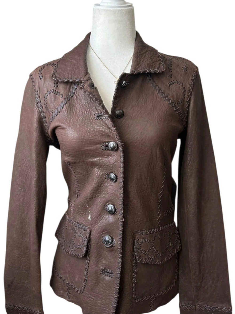 💕Stitch's Brown Leather Button-Front Jacket with Whipstitch Trim💕